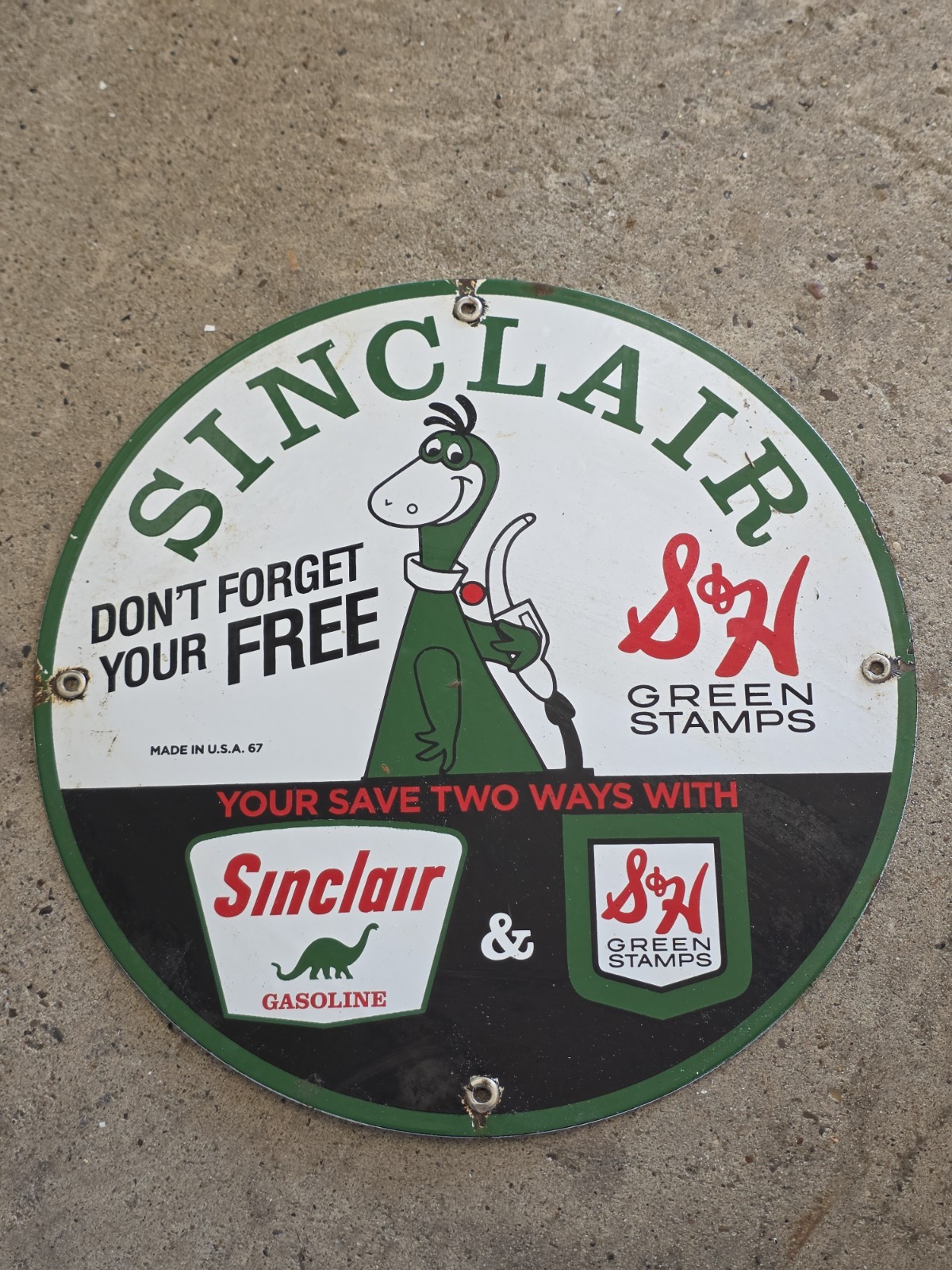 VINTAGE SINCLAIR GASOLINE  S & H GREEN STAMPS PORCELAIN  FUEL PUMP  SIGN  12