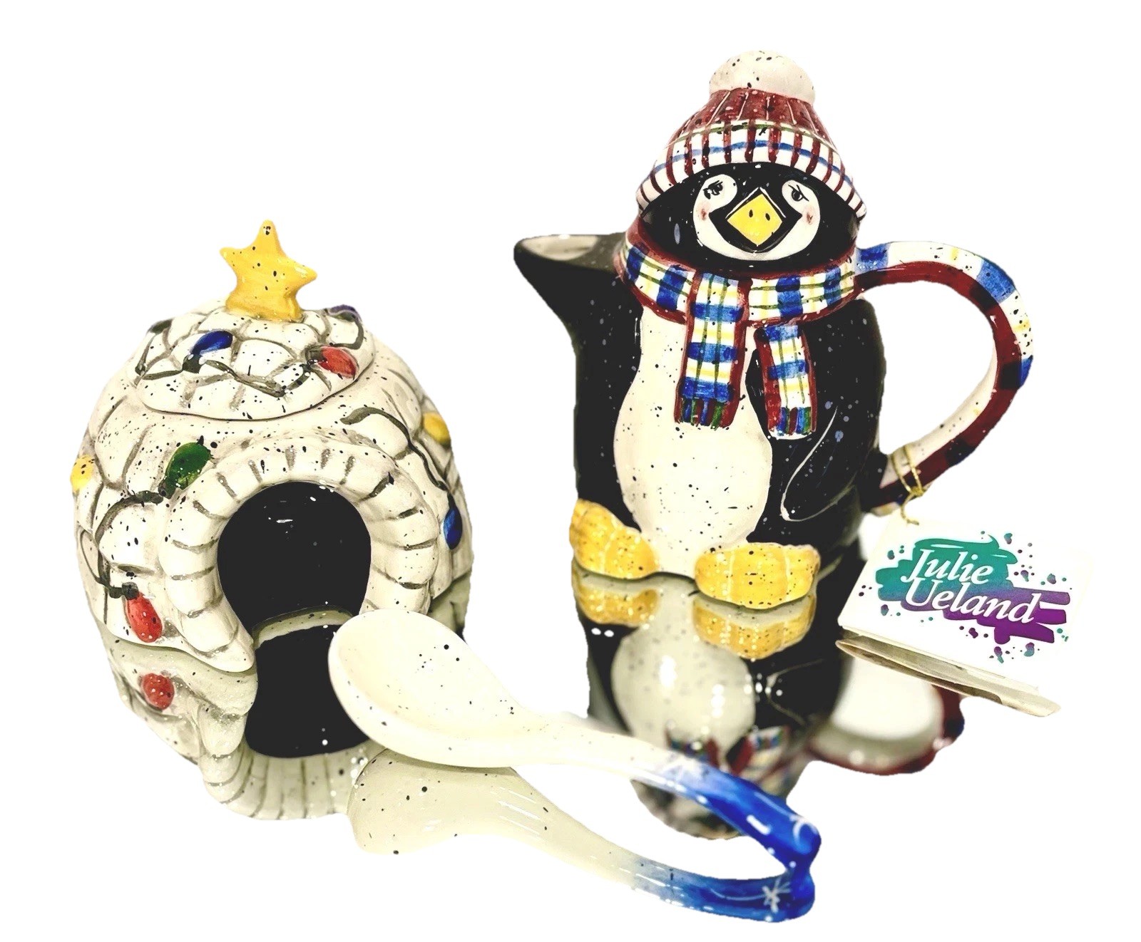 Enesco Julie Ueland Enesco Penguin Cream & Sugar Bowl W/Spoon NWT Vintage Enesco Julie Ueland Enesco Penguin Cream & Sugar Bowl W/Spoon NWT Vintage