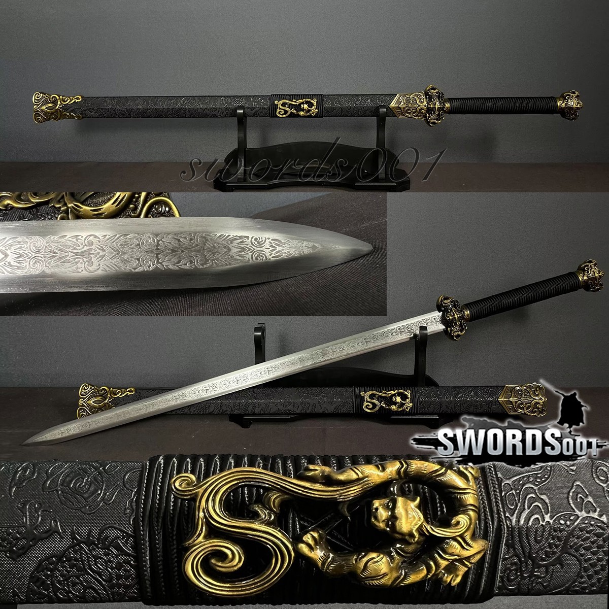 42\'\' Chinese Sword Han Dynasty Jian Carbon Steel Blade Dragon Pattern Scabbard