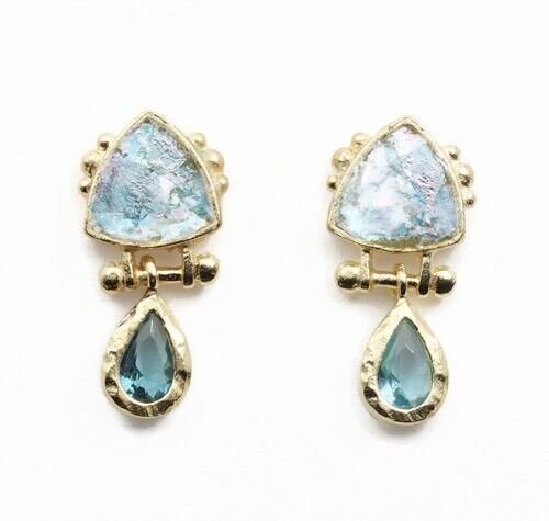 Roman Glass Gold Post Back Earrings Blue Topaz CZ Ancient Round Fragments 200 BC