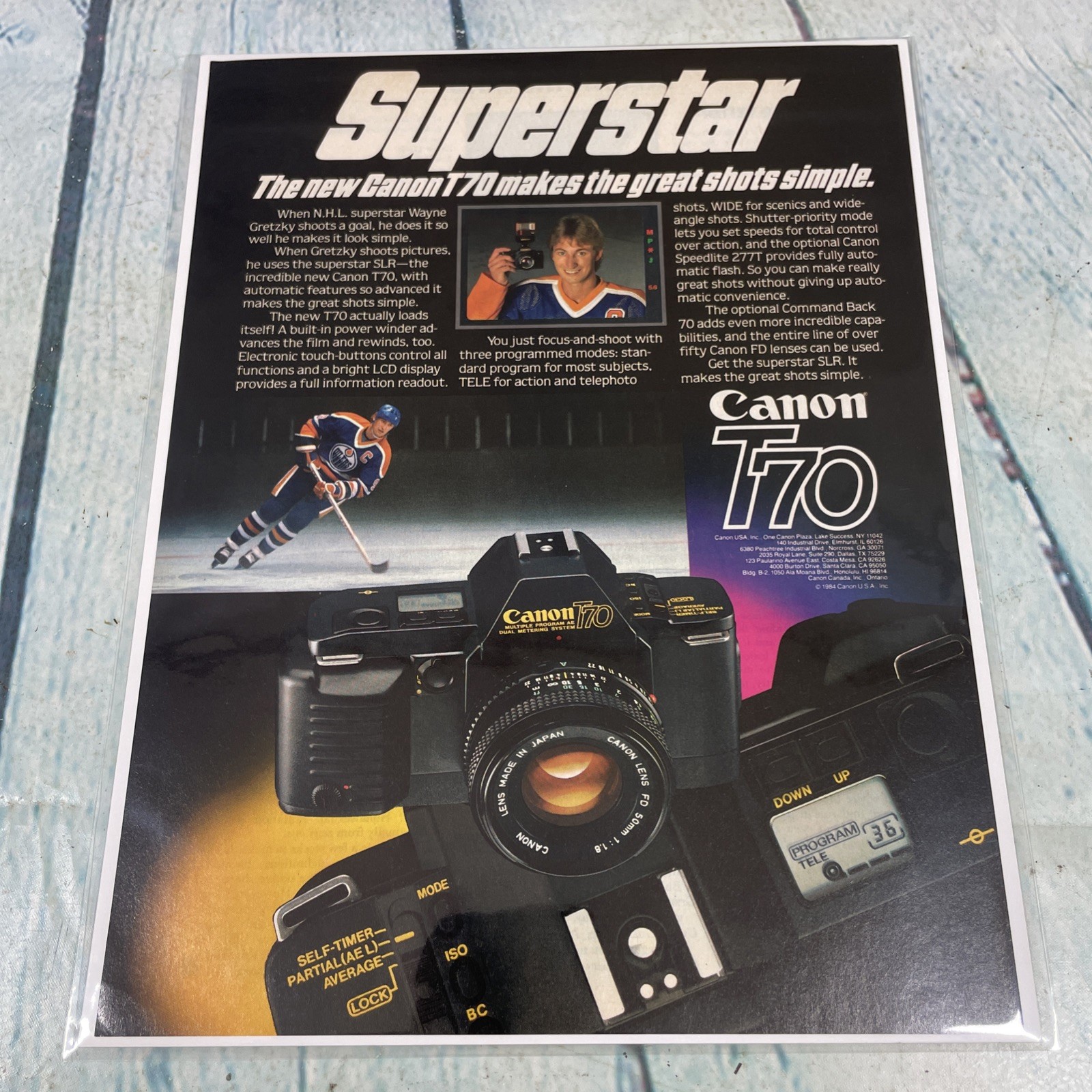 1984 Canon T70 SLR Film Camera Gretzky Vtg Print Ad/Poster Pinup Magazine Page