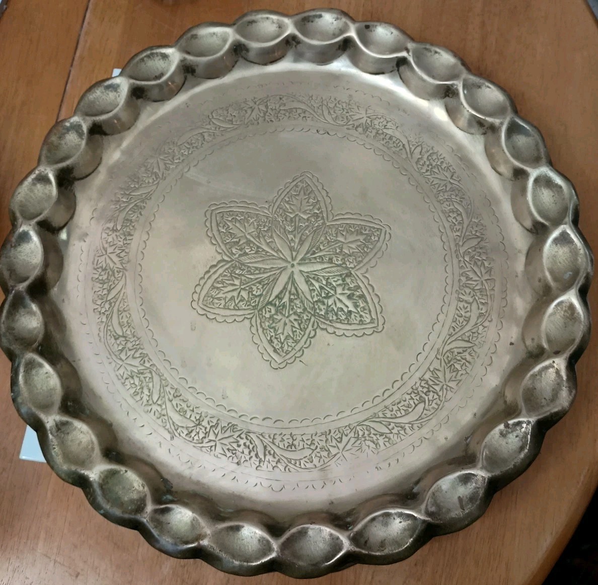 Vintage Brass Plaque Wall Platter Tray Large Round Etched Floral Hammered 15.5