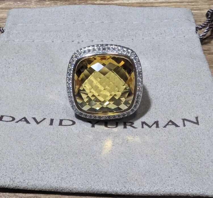 David Yurman Sterling Silver Albion 20mm Lemon Citrine & Diamond Ring Size 6.5