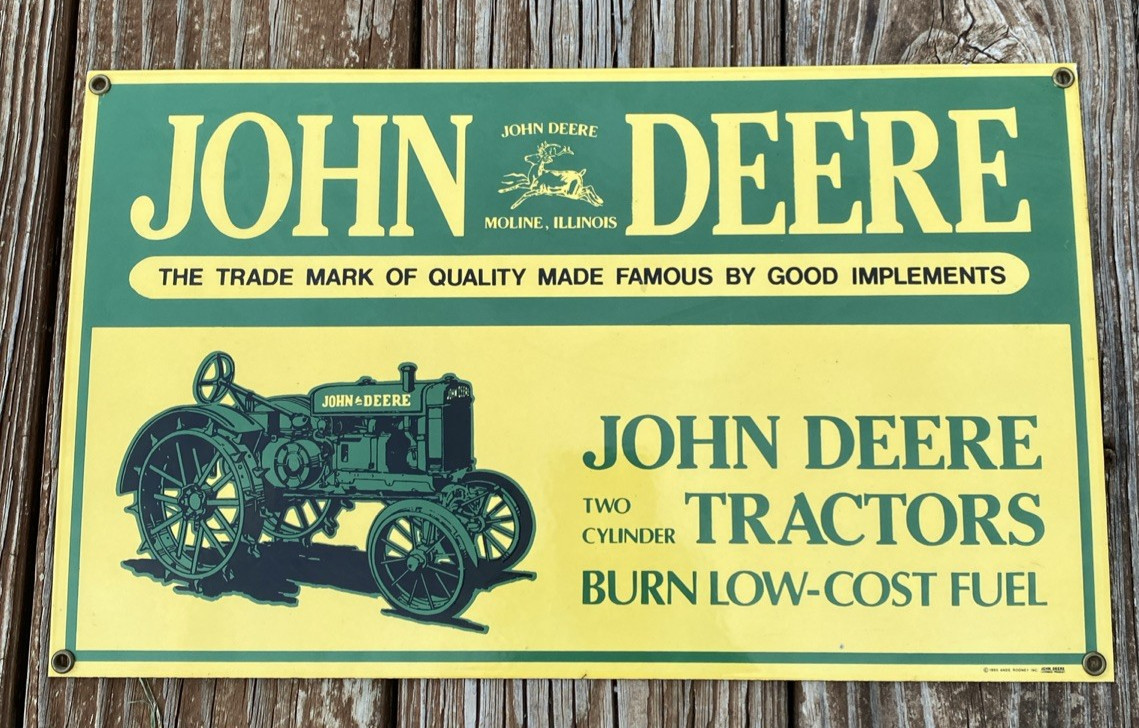 Ande Rooney INC John Deere Tractor Porcelain Metal Shop Sign 1995 15x9” Vintage