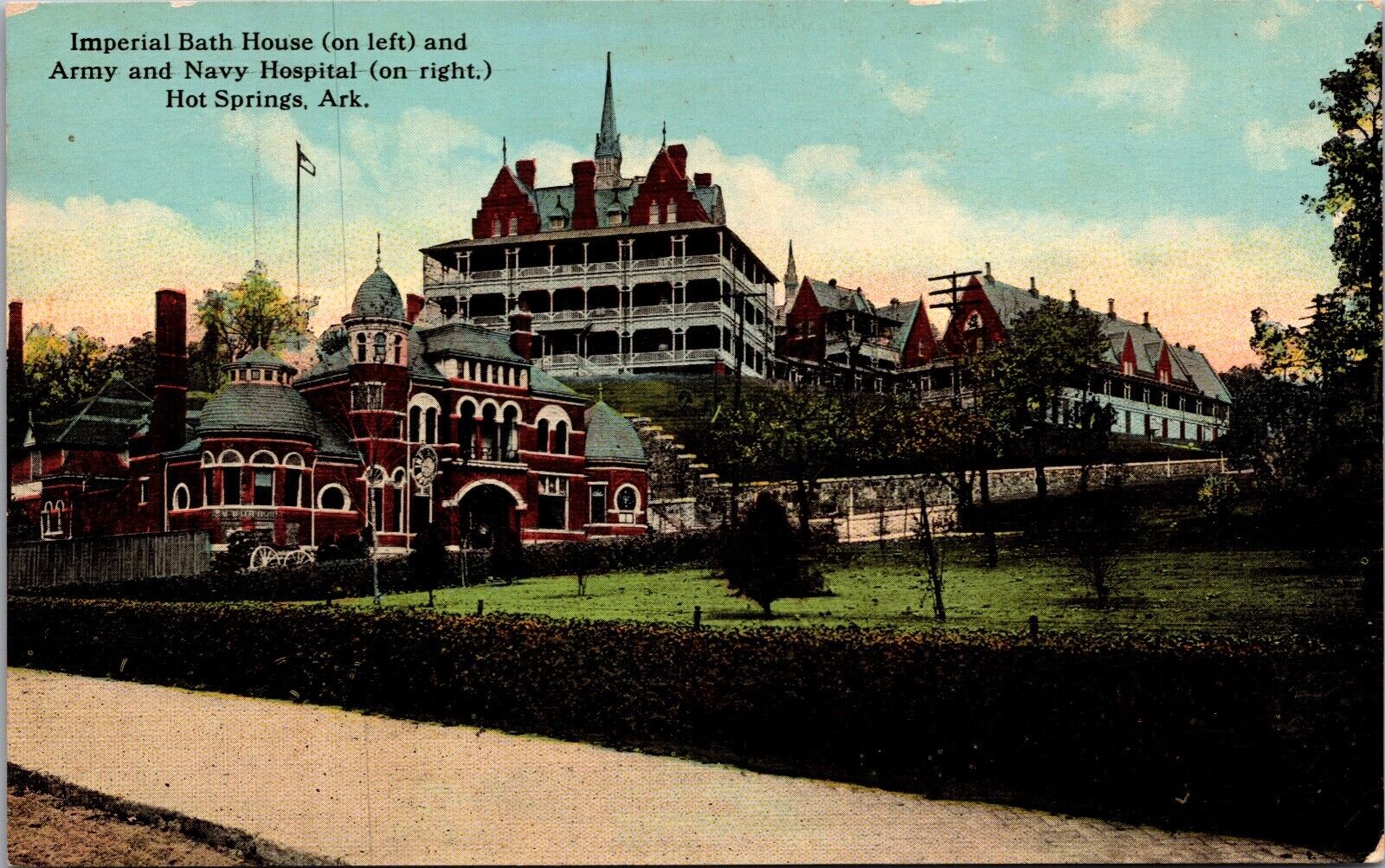 Postcard Imperial Bath House and Army Navy Hospital in Hot Springs, Arkansas