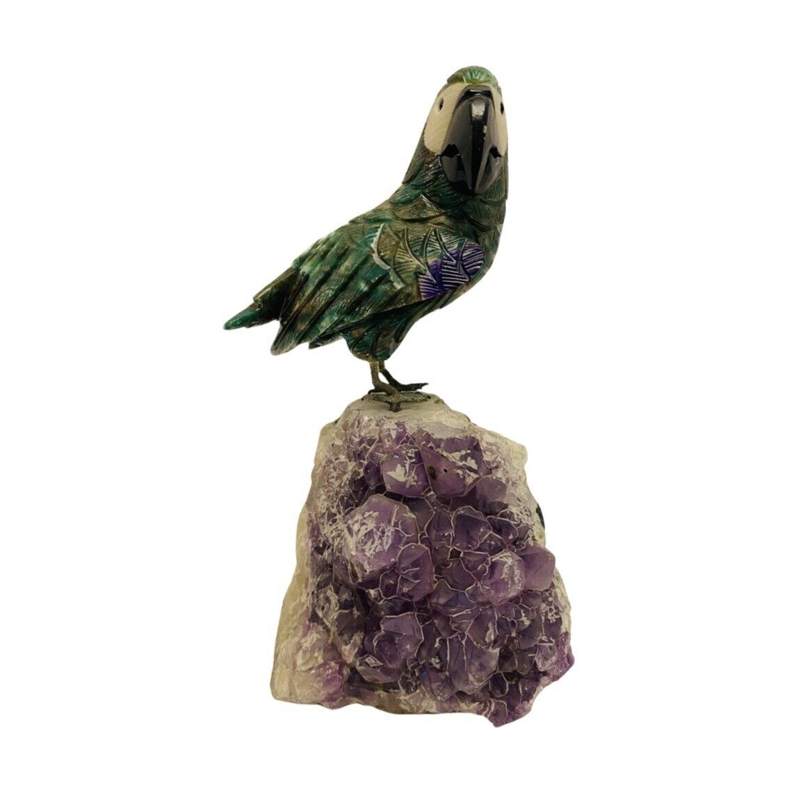 Vintage 8.5” Tall Hand Carved Gemstone Bird on Amethyst Geode Base Rare
