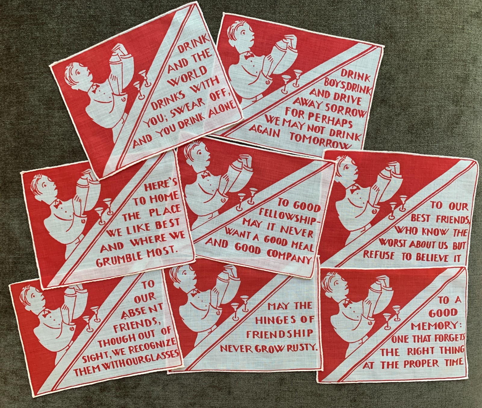 Vintage Cocktail Napkins MCM  Bartender Drinking Toasts Art Deco Design Set of 8