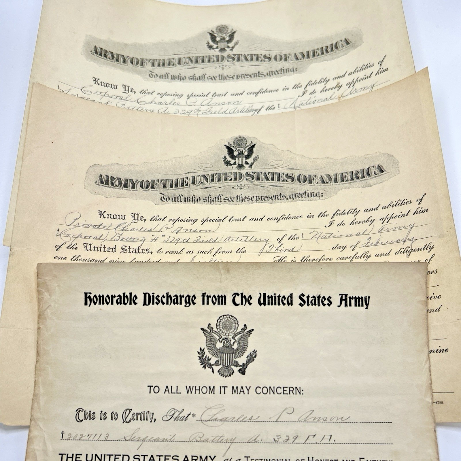 WWI Promotion & Discharge Papers 329th Field Artillery 1918 Charles Anson MI