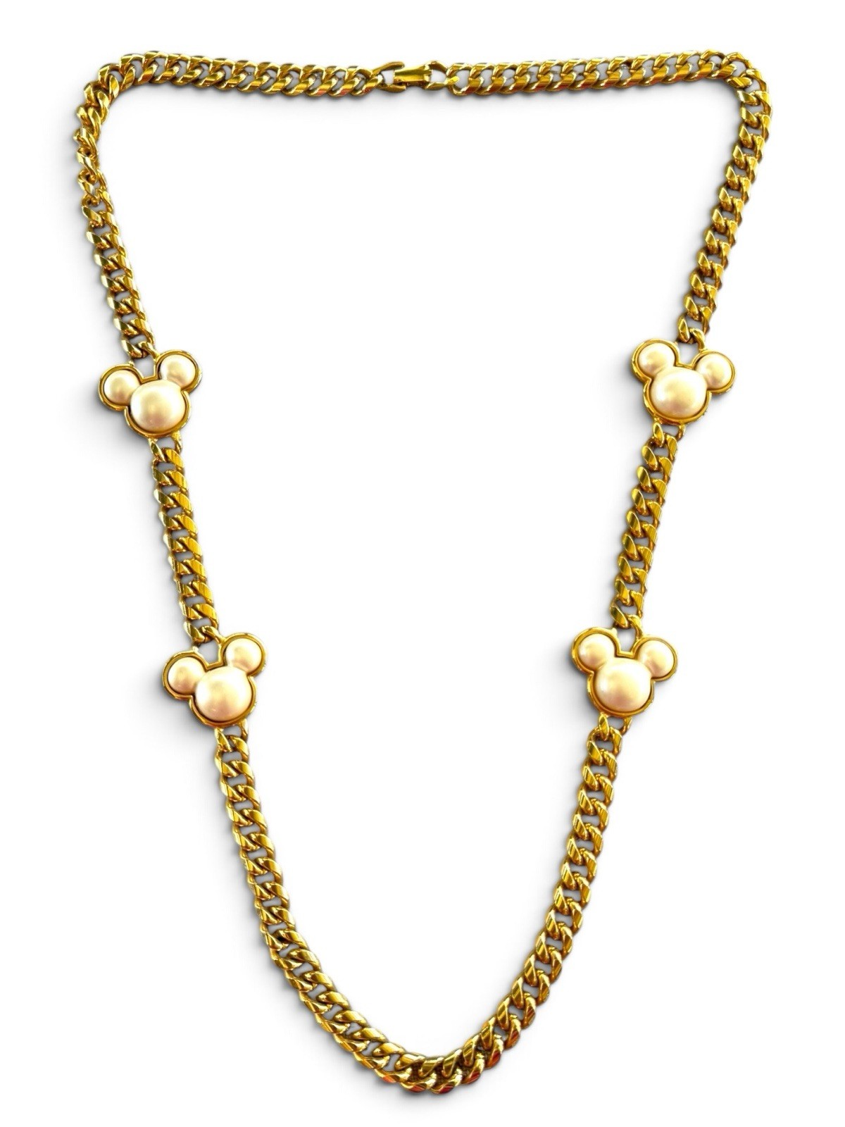 Vintage Y2K Disney Mickey Mouse Faux Pearl Station Gold Curb Chain Necklace