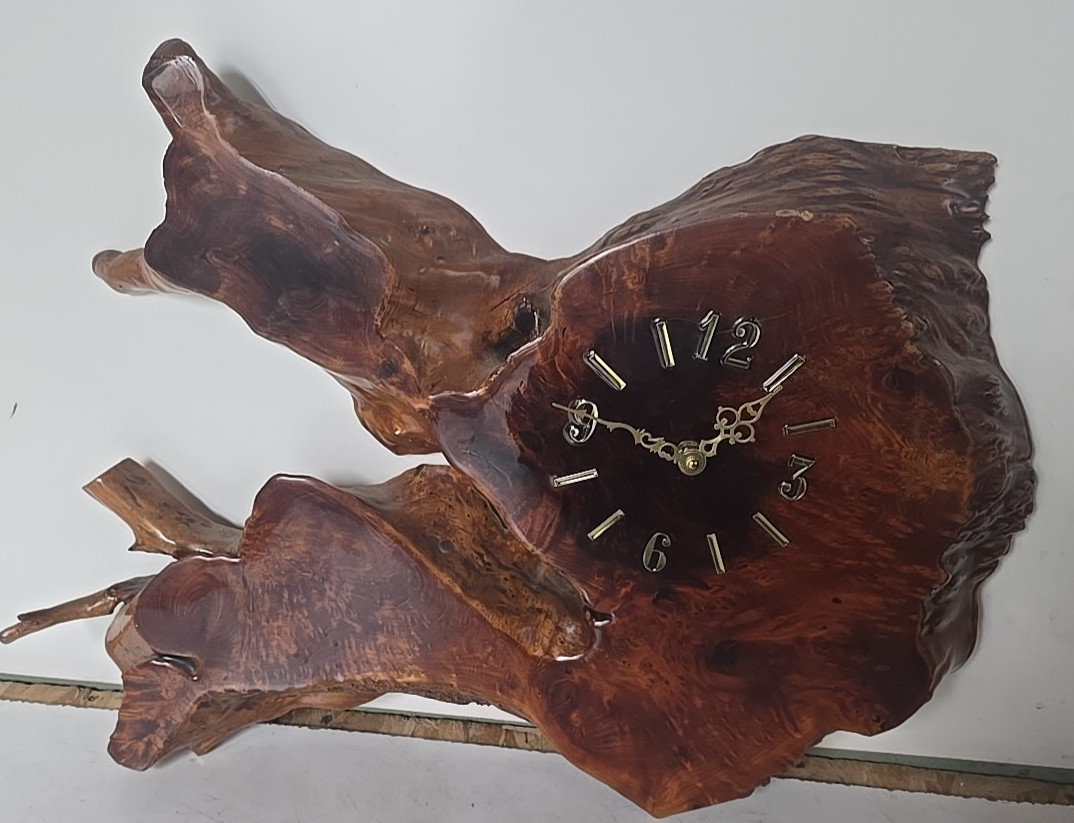 Vintage Redwood Burl Live Edge Wall Clock 1970s Mid Century Rustic 24” x 16” x 2
