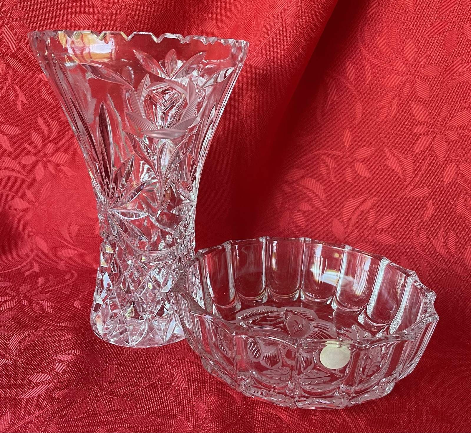 Rose Pattern Clear Leaded Crystal & Glass 8” Tall Vase & 7” Bowl