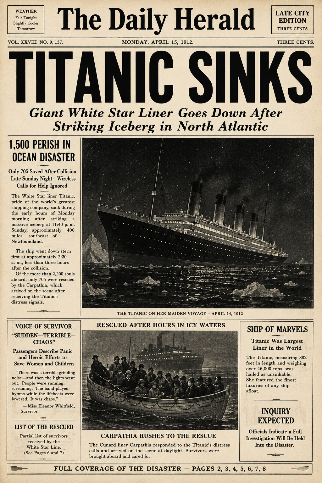 Titanic Sinks Newspaper Headlines Poster sizes up to 24 x 36 prints &Tin Signs