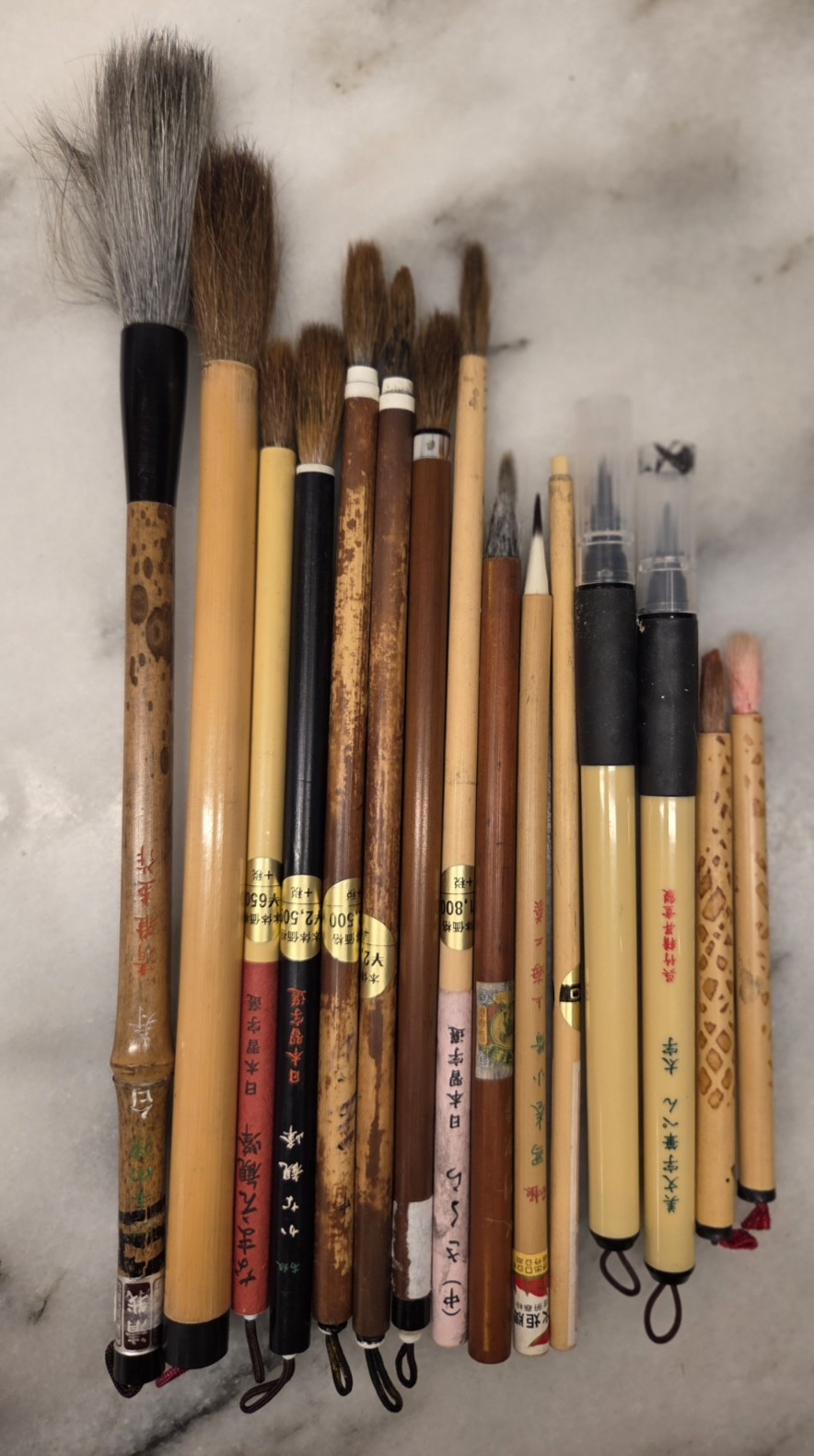 Vintage Japanese Chinese Calligraphy Brushes Lot of 15 Bamboo Handles Sumi-e Art