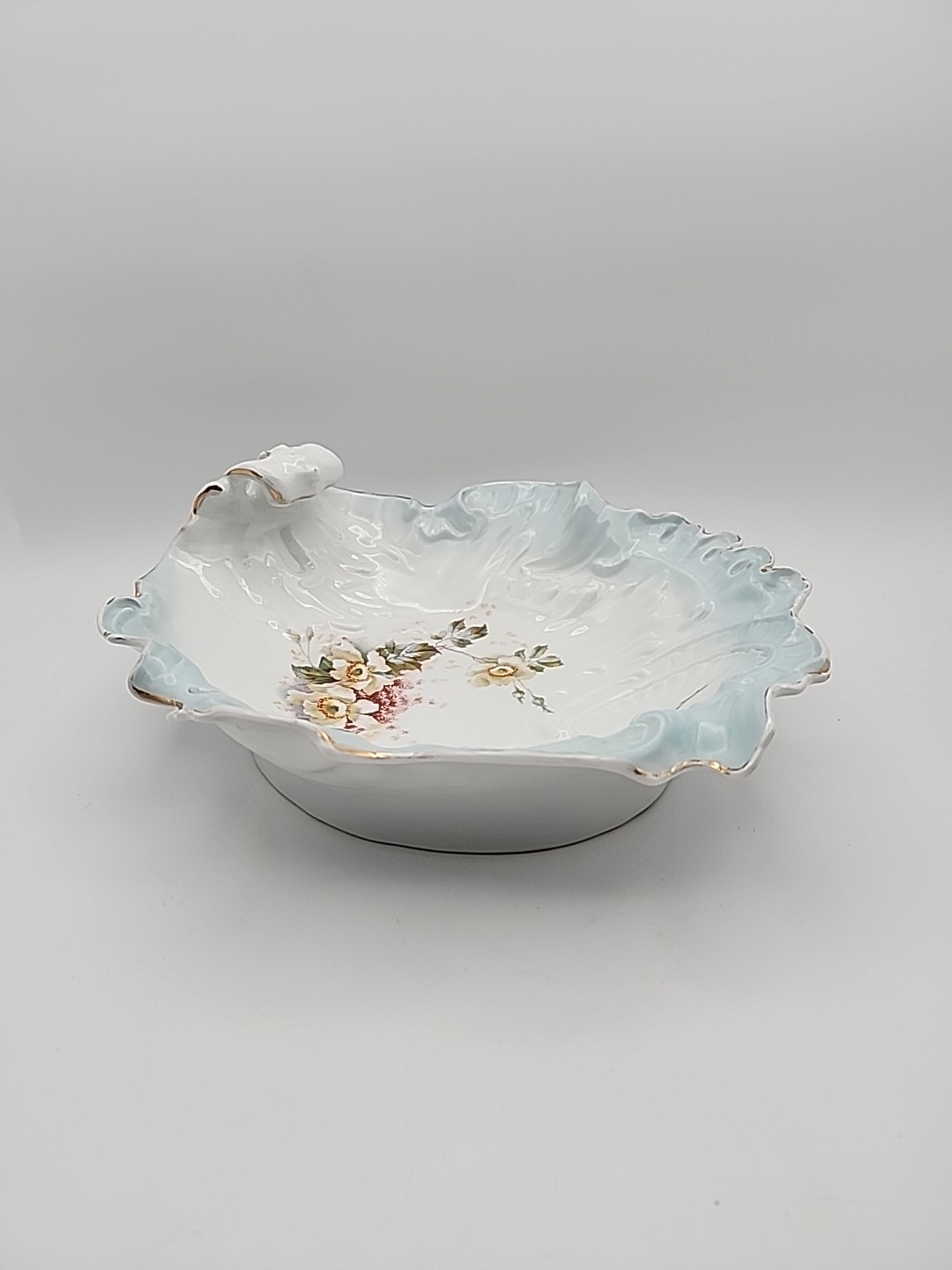 Antq Scoop Handled Porcelain Germany Serving Bowl, Wild Rose, Gold Edged 11\