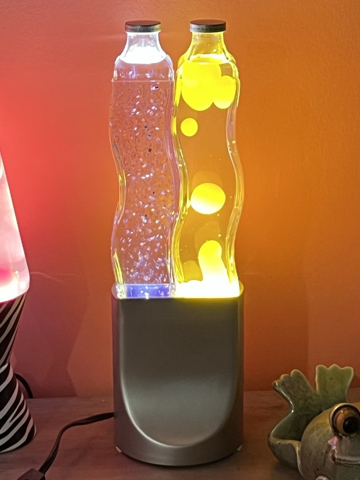 Vintage Dual Double Wavy Motion Neon Yellow Lava Blue Glitter Lamp MISSING TOP