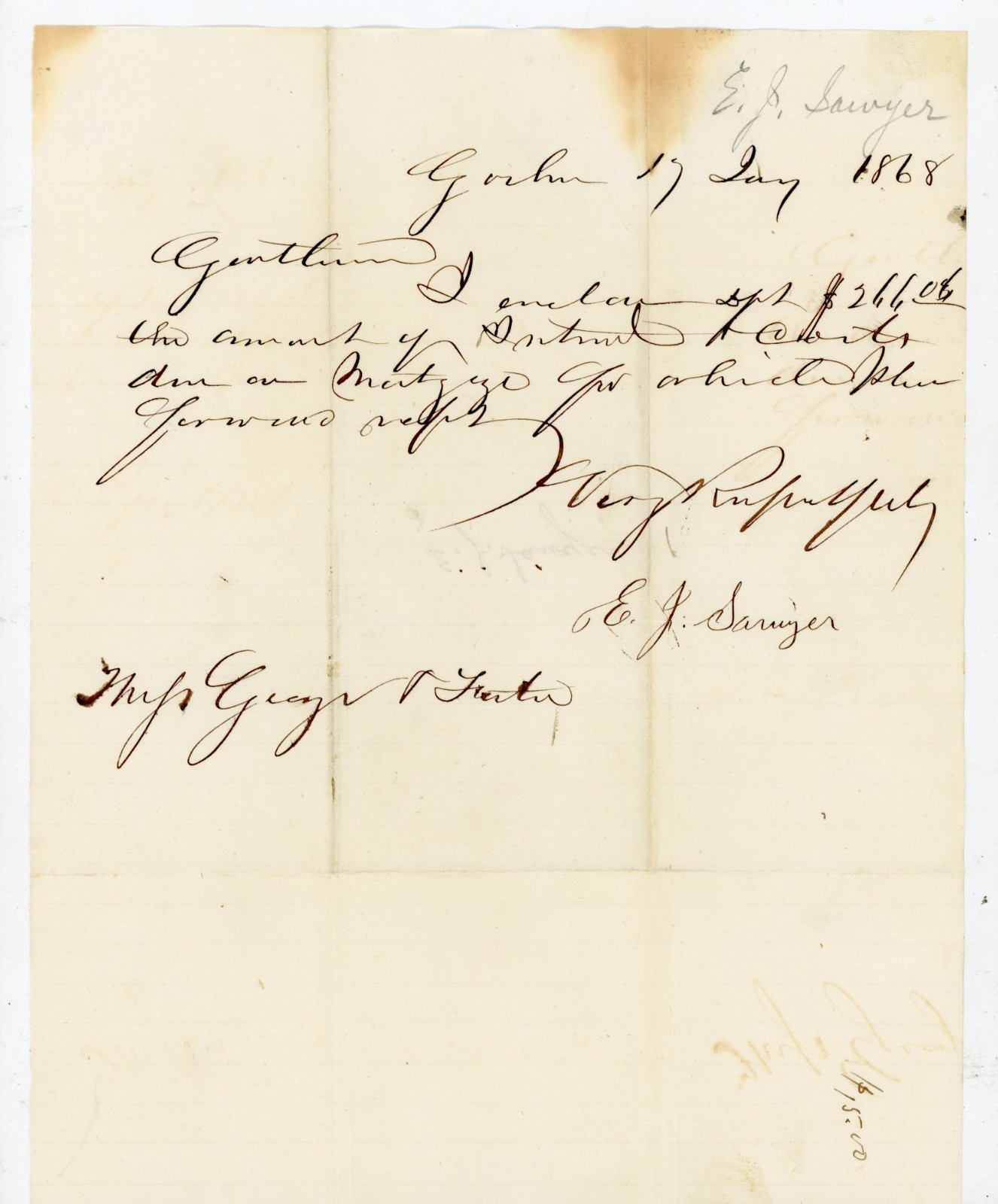 1868 Antique Handwritten Business Letter E.J. Sawyer Goshen NY Mortgage Signed