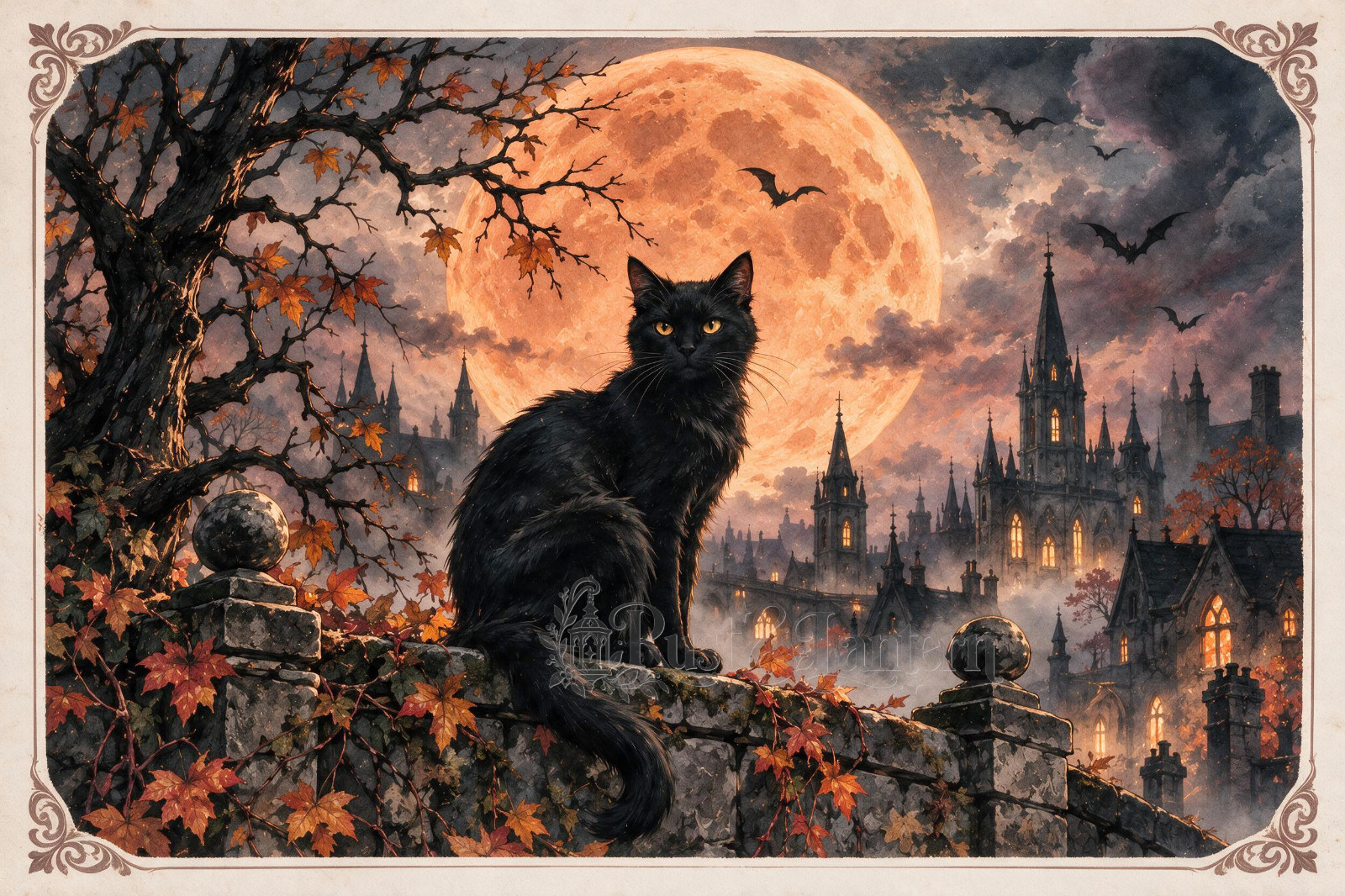 Moon Cat - Halloween Postcard 4x6 Gothic Art Rust & Lantern card Original