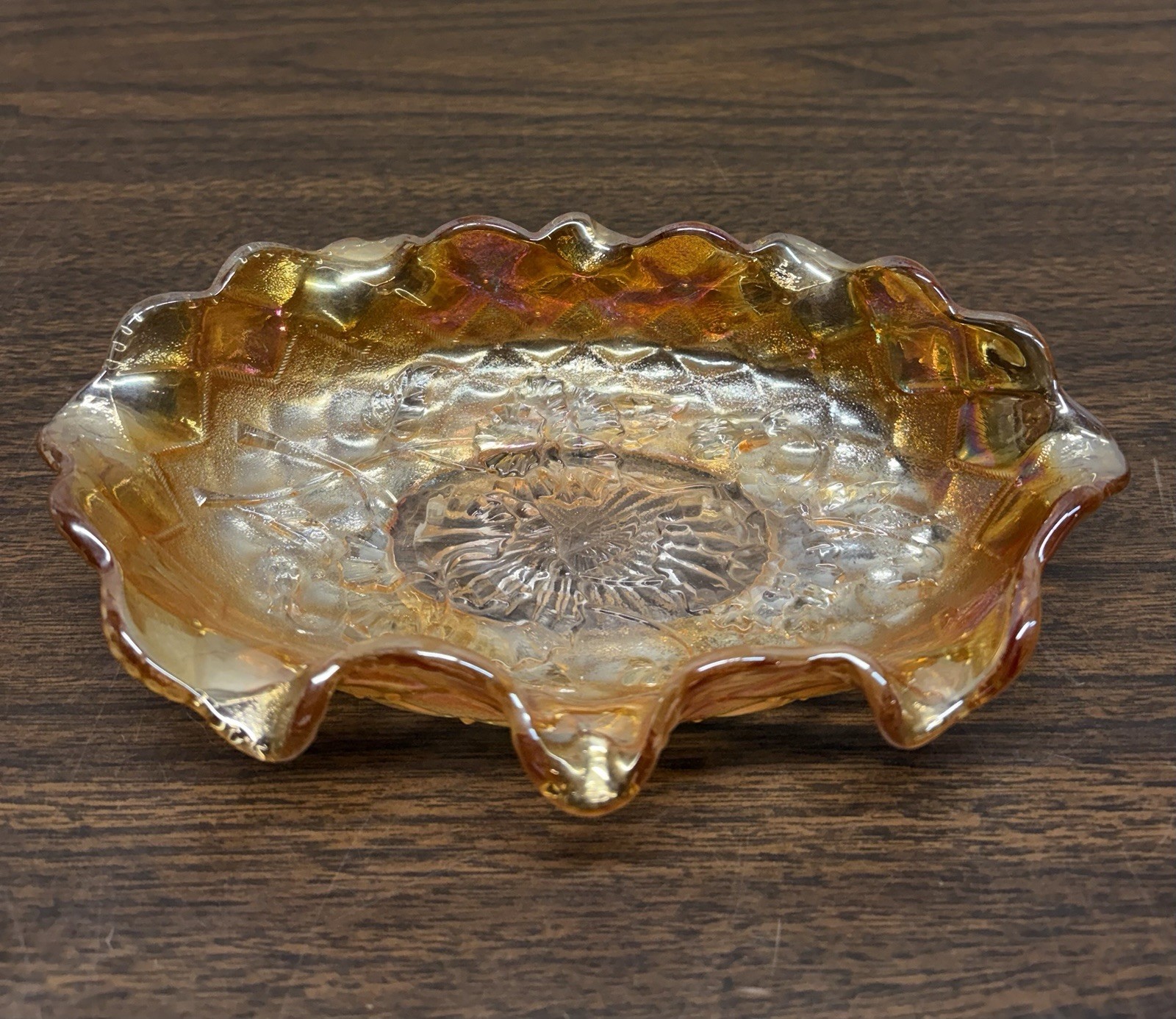Vintage Imperial Marigold Carnival Glass Pansy Quilted Diamond Oval Bowl Dish