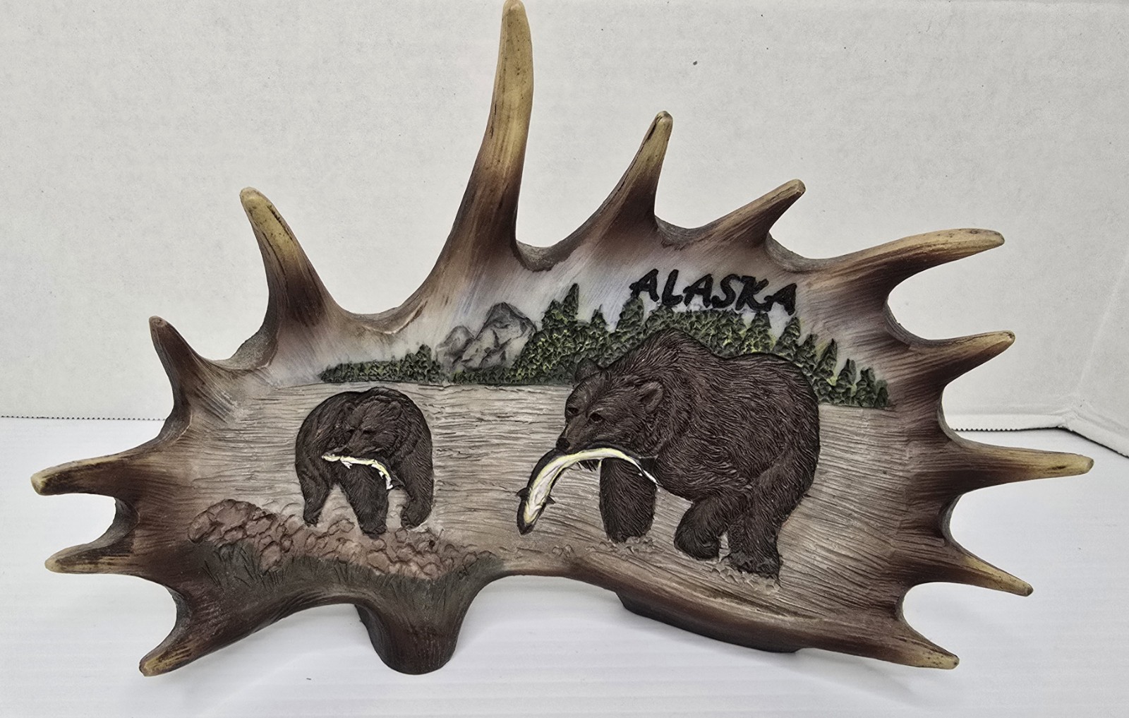 Alaska Moose Antler - Resin -  Grizzly Bears Catching Salmon - Log Cabin Decor