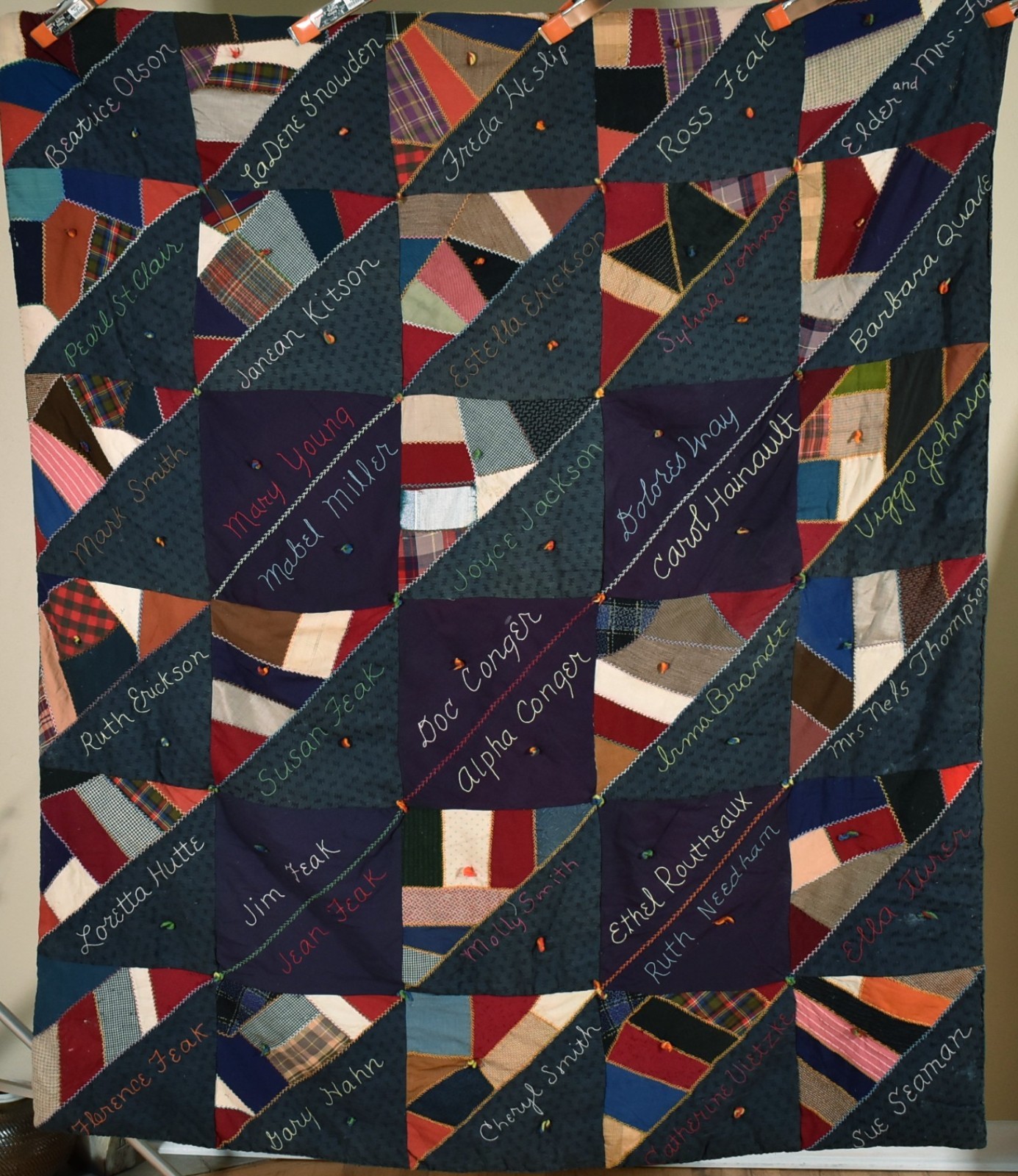 Vintage 30's Wool Crazy Sawtooth Triangle Signature Antique Quilt ~Colorful