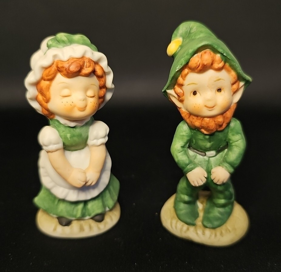 Vintage 1990s Lefton Bisque Porcelain Leprechaun and Irish Girl Figurine Set