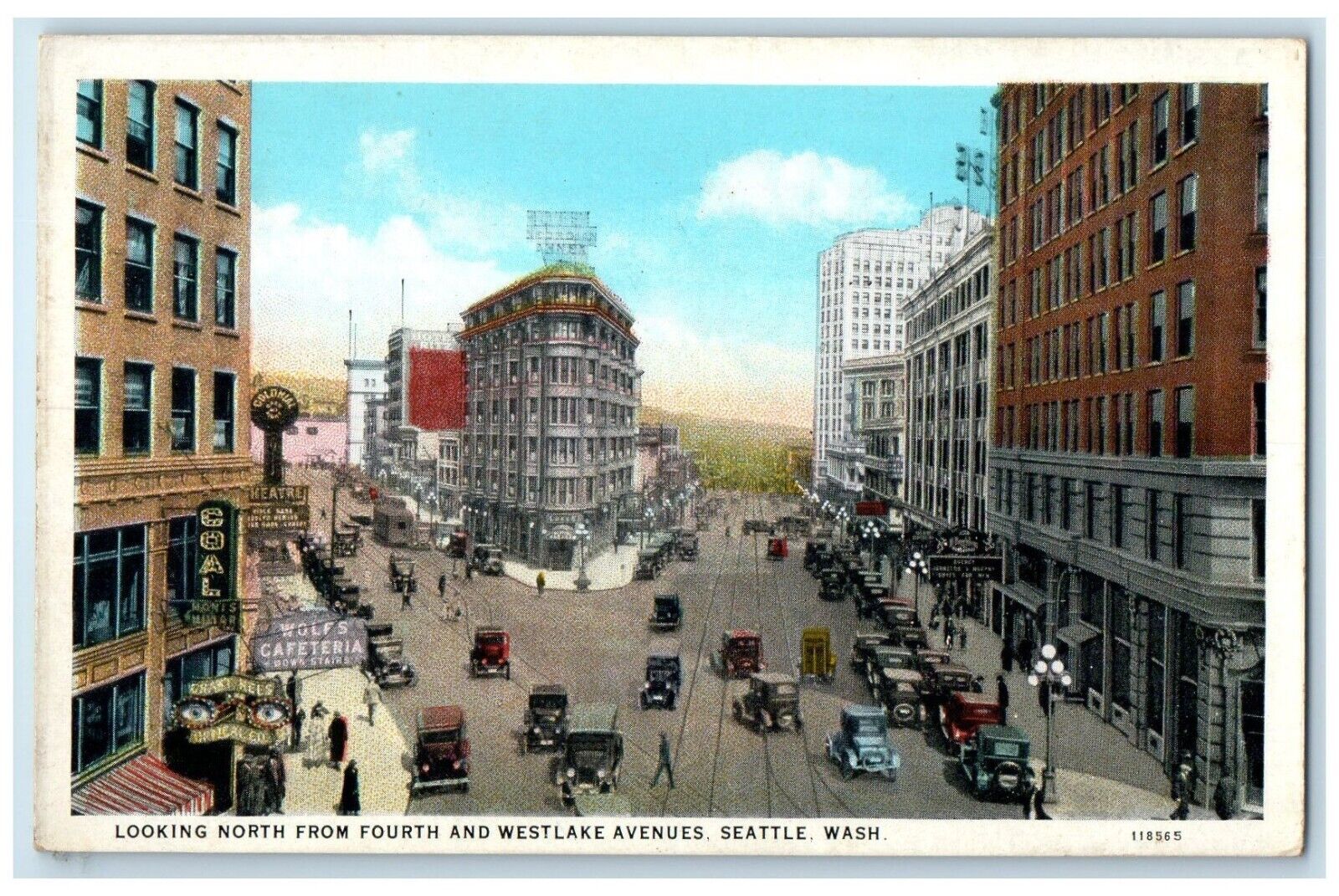 c1930's Looking North From Fourth And West Lake Avenues Cars Seattle WA Postcard