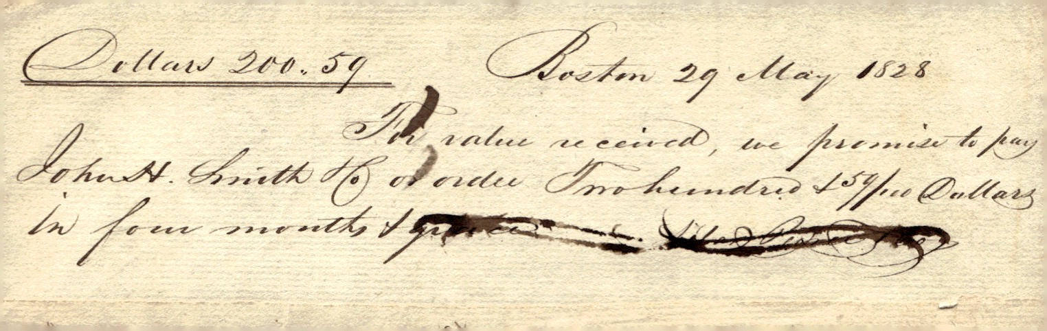 1828 Boston MA John H. Smith & Co Antique Promissory Note Financial Ephemera