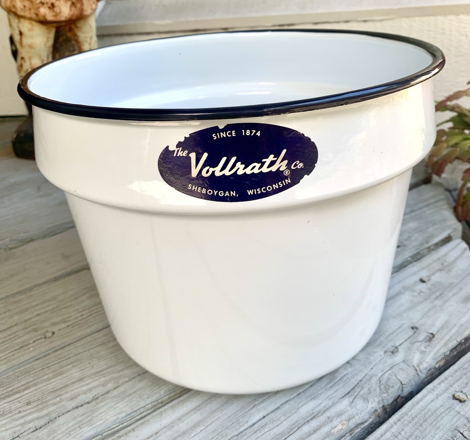 Vtg Vollrath Enamelware Pan Pot Bowl 3810 1/2 White Blue Black Rim Farmhouse *