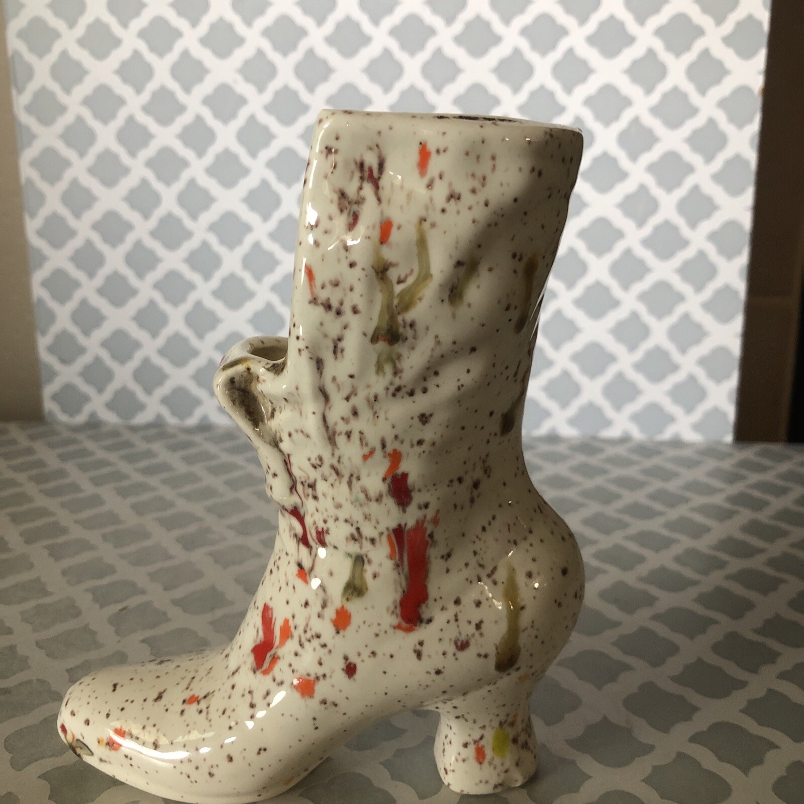 Vintage Speckled Ceramic Planter Vase Granny Shoe Boot-6” Tall