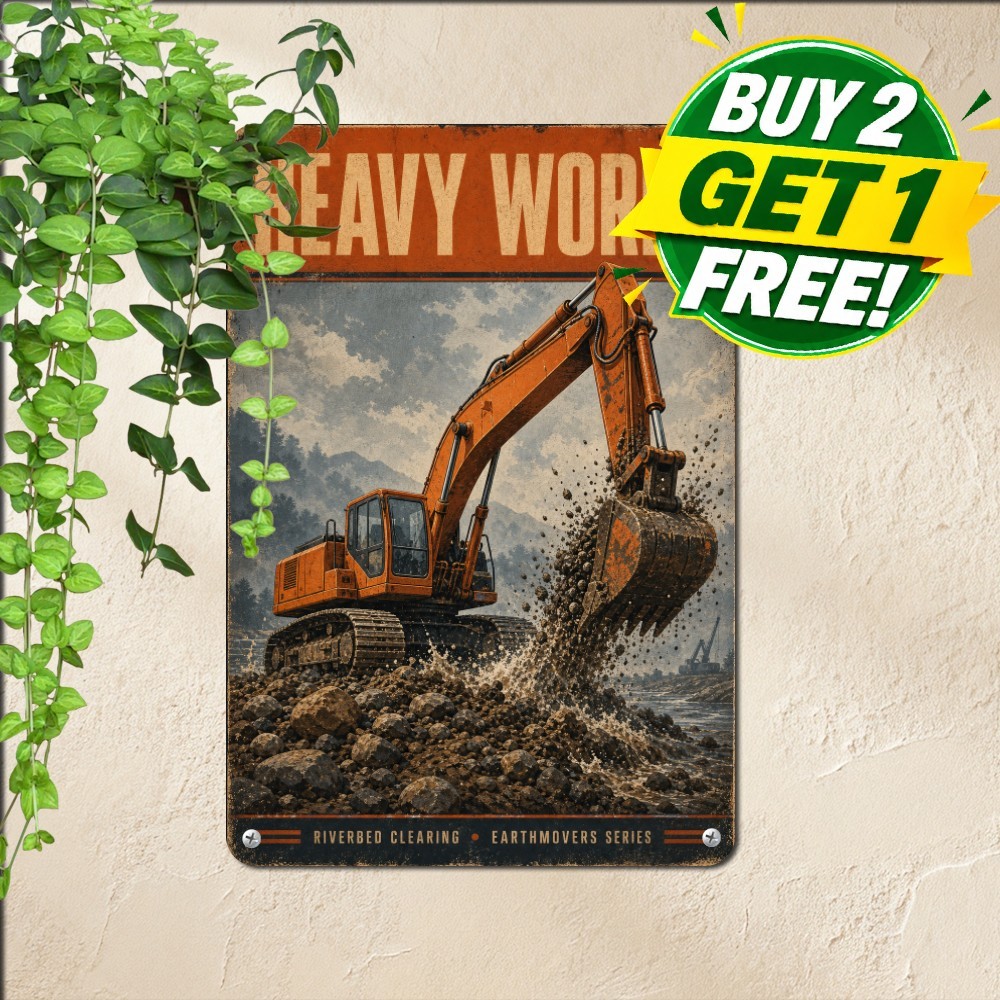 Heavy Duty Tracked Excavator Machine Sign Rustic Construction Metal Tin Plaque