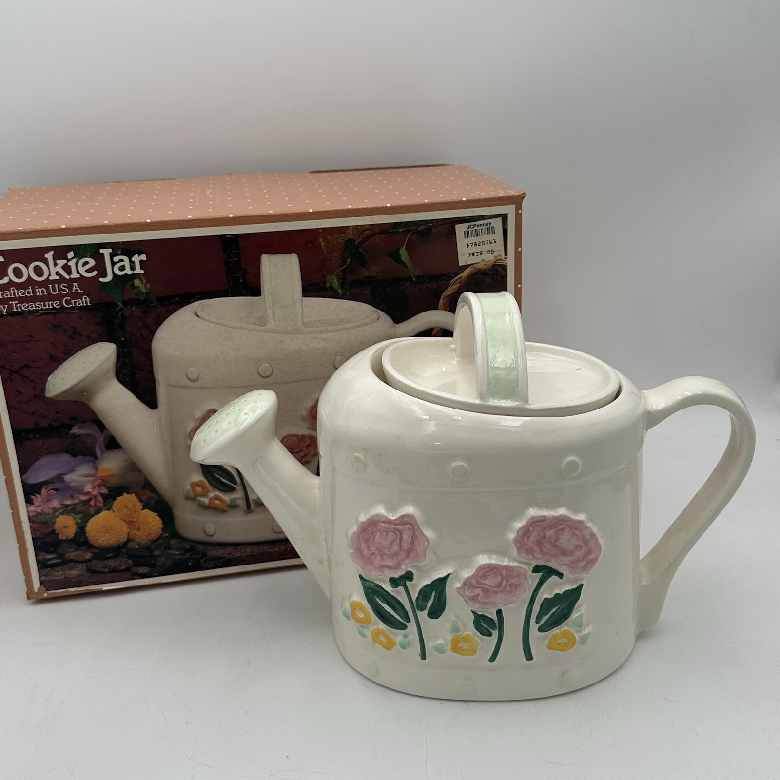 Vtg. TREASURE CRAFT Cookie Jar Treats Ceramic Floral Watering Can