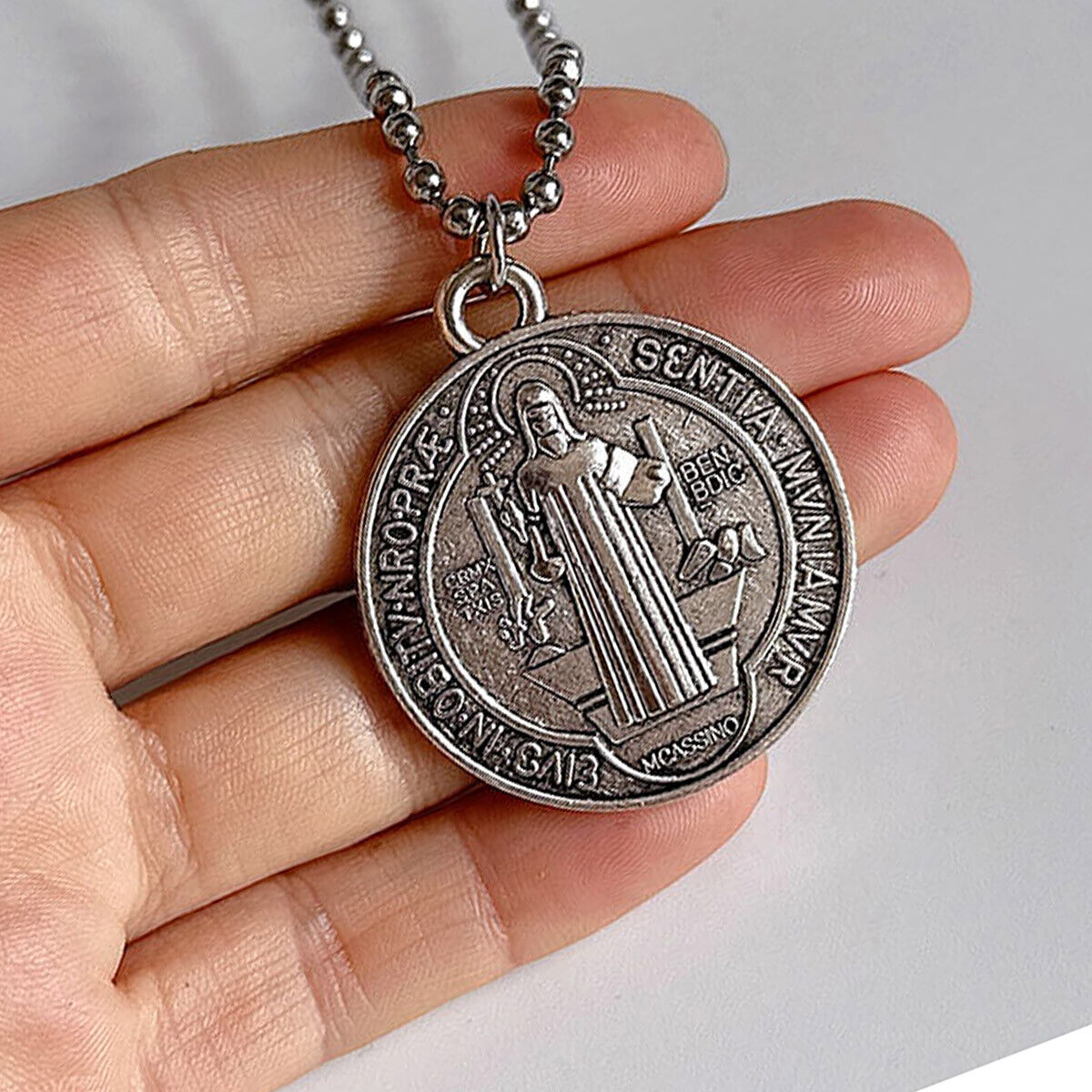 Saint St Benedict Medal Charm Pendant Stainless Steel Crucifix Cross Necklace
