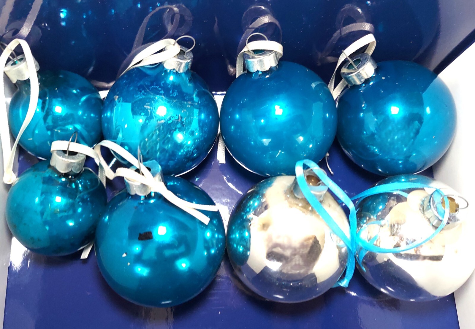 MCM 1950s Christmas Ornaments Retro Blue & Silver, Set of 8, Beauties