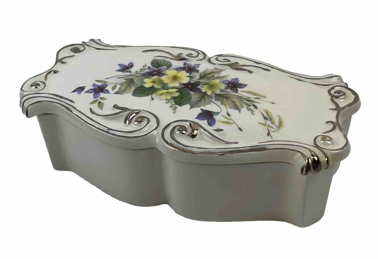 Vintage White Porcelain Flower Blossoms Trinket Dish Box Lid Gold Trim