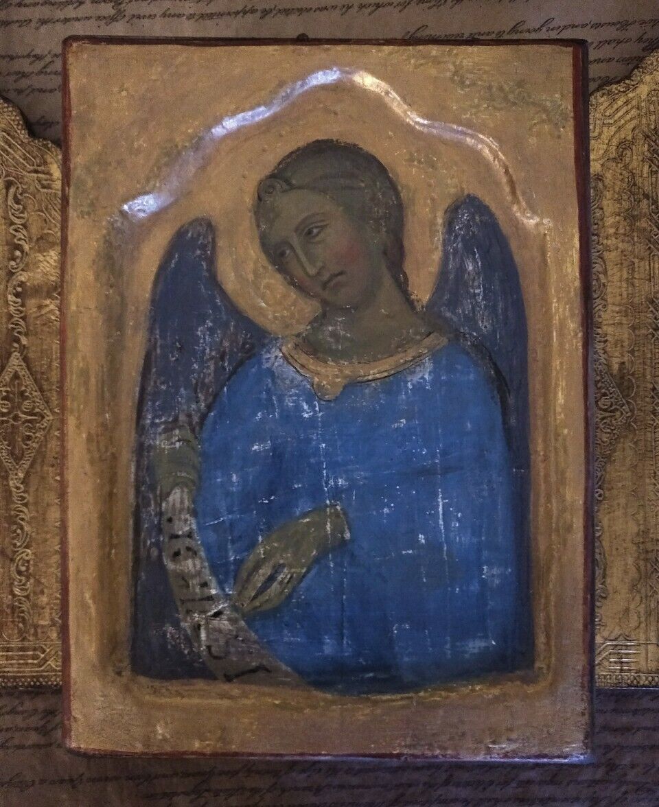 RARE Old Byzantine icon of the Angel Siena School Tempera Gesso Golden on wood 