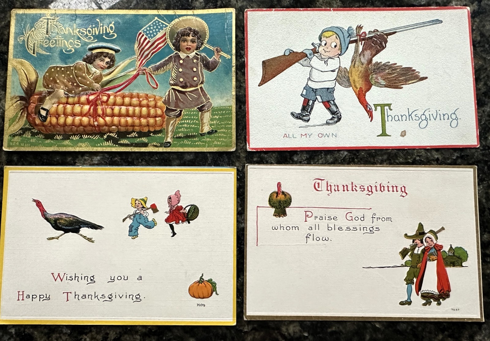 4 Antique Thanksgiving Postcards Children Turkey Patriotic Gibson 1900s