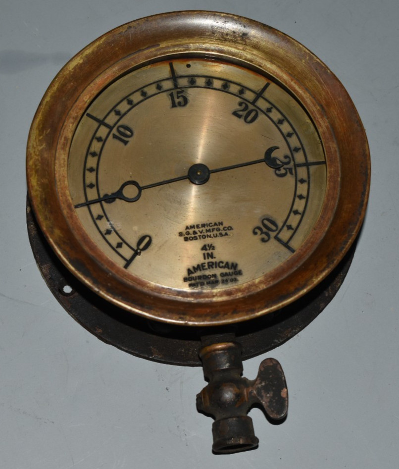 Antique Brass Steam Pressure Gauge American Bourdon Gauge Co Boston 4.5