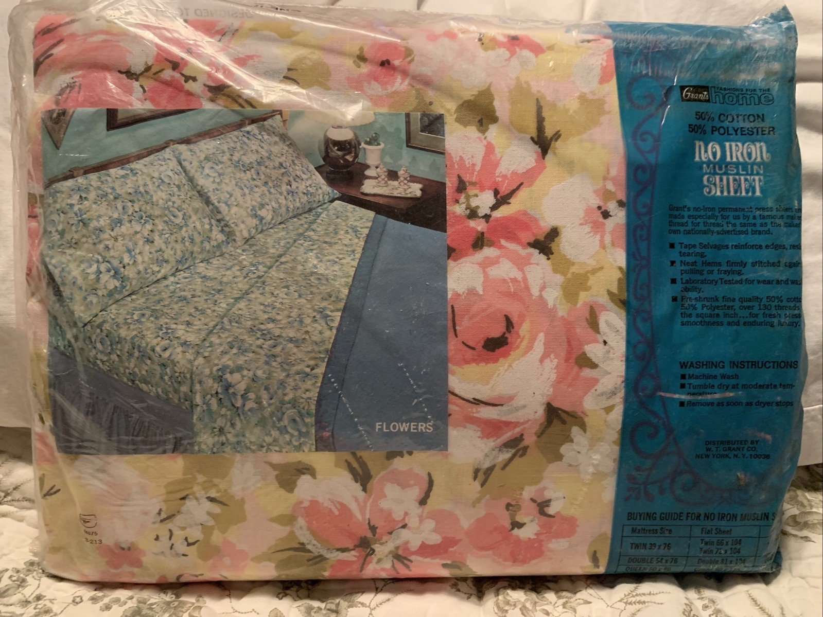 NIP VTG Grants Home Muslin Sheet Pink Flowers Flat Sheet 50/50