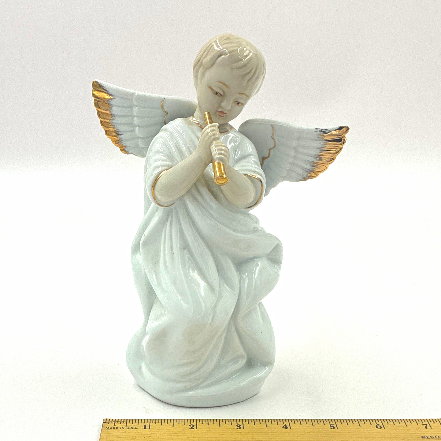 Porcelain Angel Figurine Playing Flute Gold Trim Glossy 3D Effect 8.5 in
