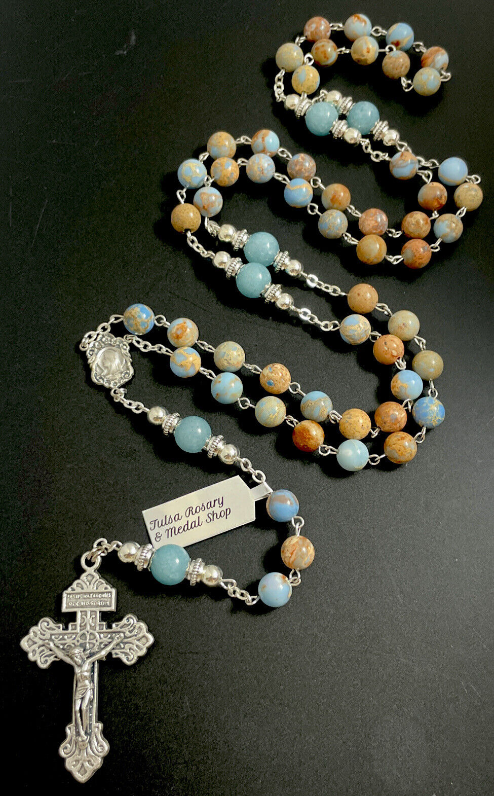 Semi Precious Blue Imperial Jasper Stone 27” Rosary, Pardon Crucifix W Tag