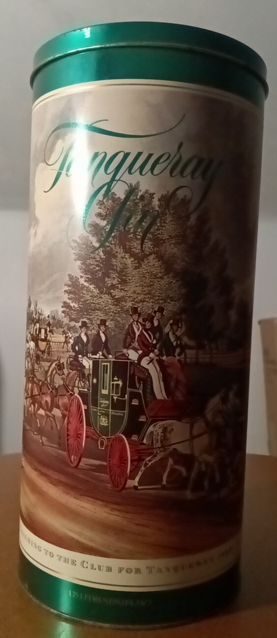 Vintage Tanqueray Gin 1830-1980 150th Anniversary Cylinder Tin Container w/ Lid