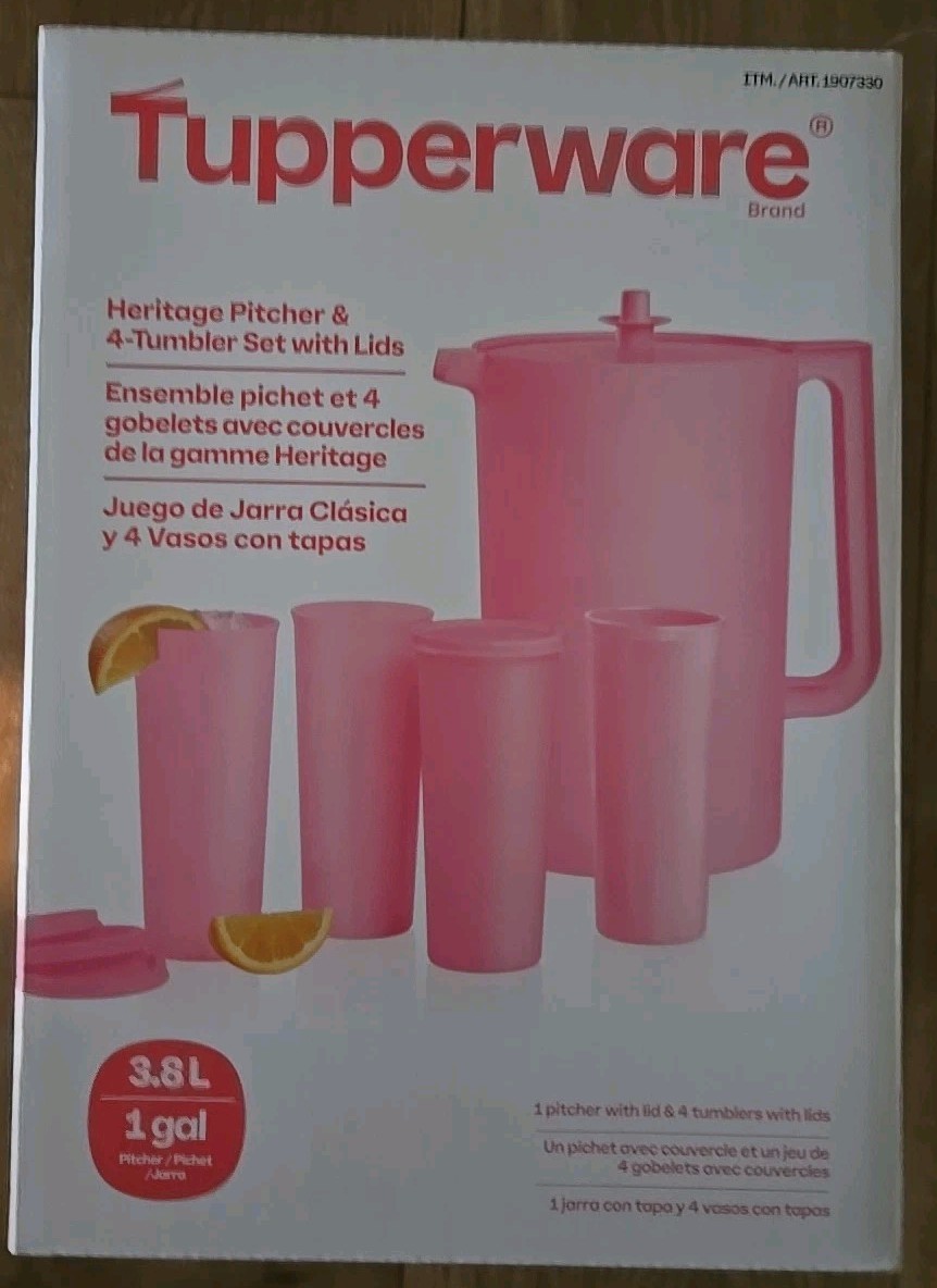 🌟NEW🌟 Tupperware Heritage Pitcher (1 Gallon) & 4 Tumbler Set With Lids PINK