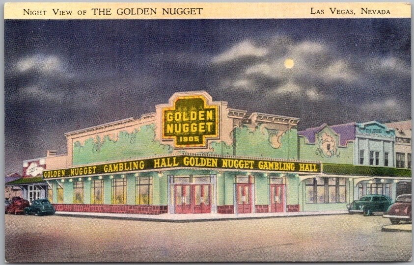 c1940s LAS VEGAS Linen Postcard GOLDEN NUGGET CASINO Fremont Street / Night View