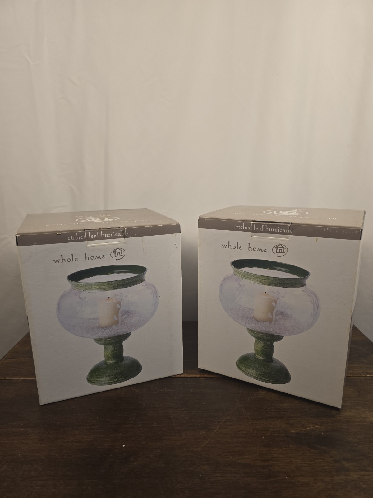 2 Whole Home Etched Leaf Hurricane Candle Holder 2 Package Of Stones & 2 Candle 