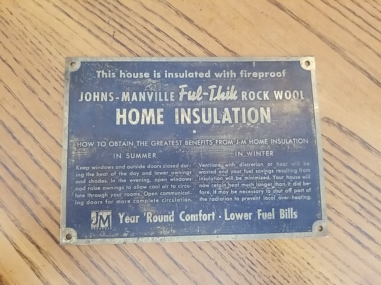 Vintage Johns-Manville Rock Wool Home Insulation Vintage Brass Wall Info Plaque 