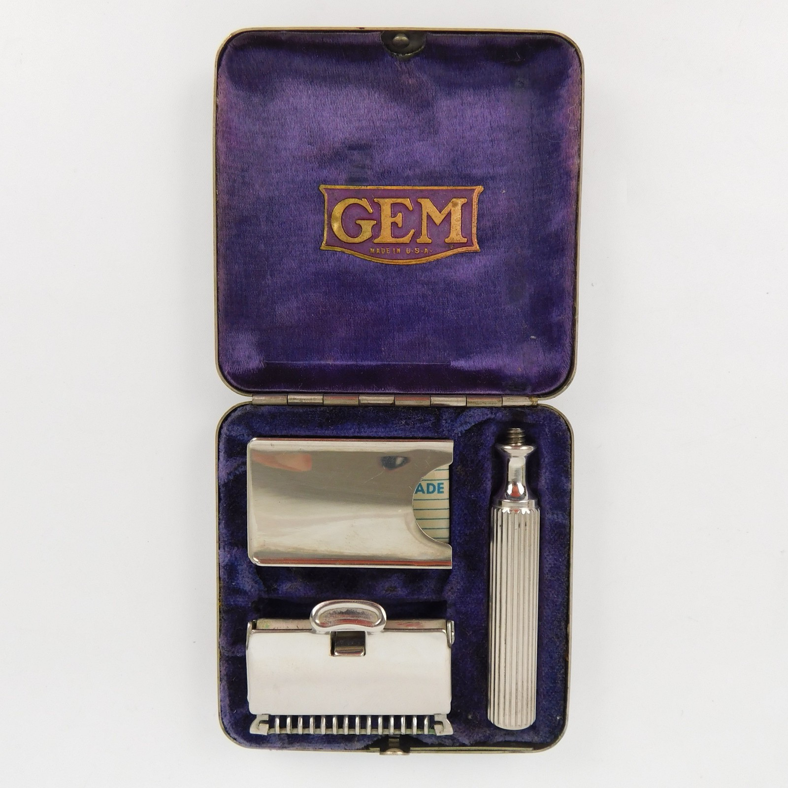 Vtg GEM Pat 1912 Single Edge Razor W/ Lined Metal Case & New Extra Blades