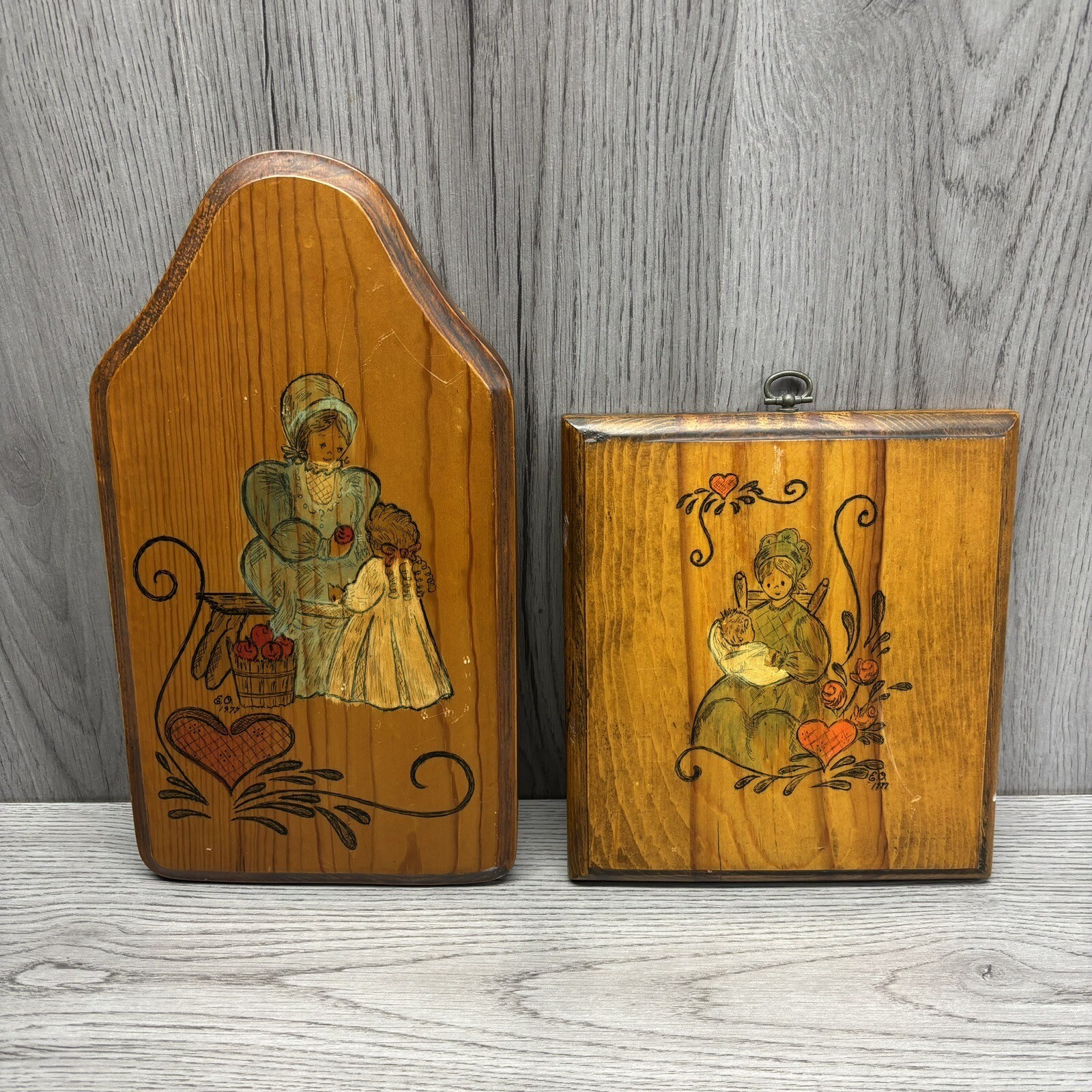 MCM Mother child hand sketched wood wall hanging 1977 decor