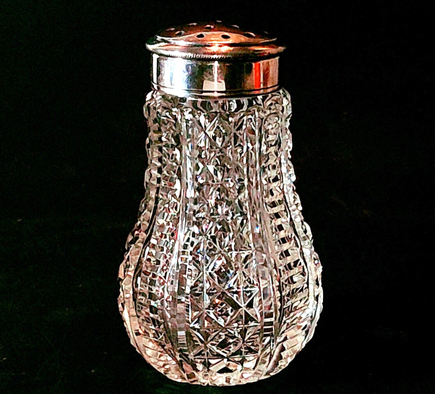 ANTIQUE ABP SUGAR SHAKER w SILVERPLATED TOP, Cut Lead Crystal, 19 Holes, 4 1/2\