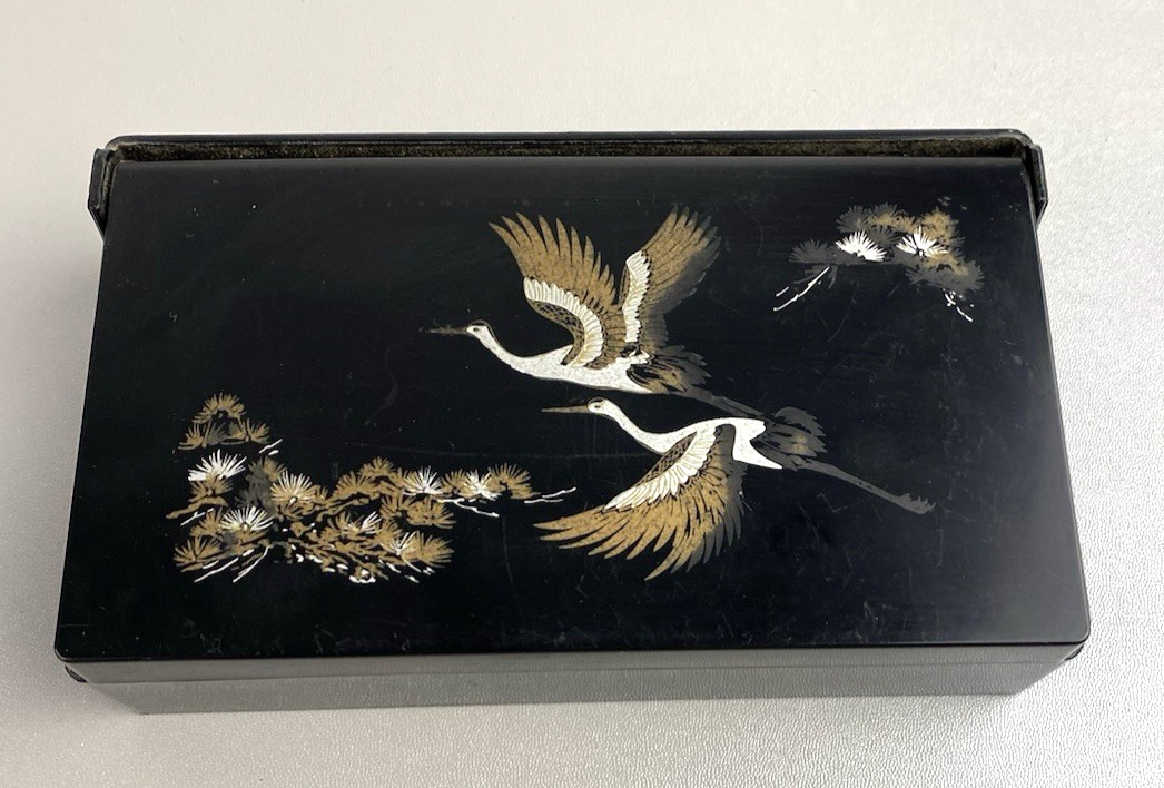 Vintage Celluloid Black  Crane Bird Asian Design 3 Mirror  Jewelry Box 