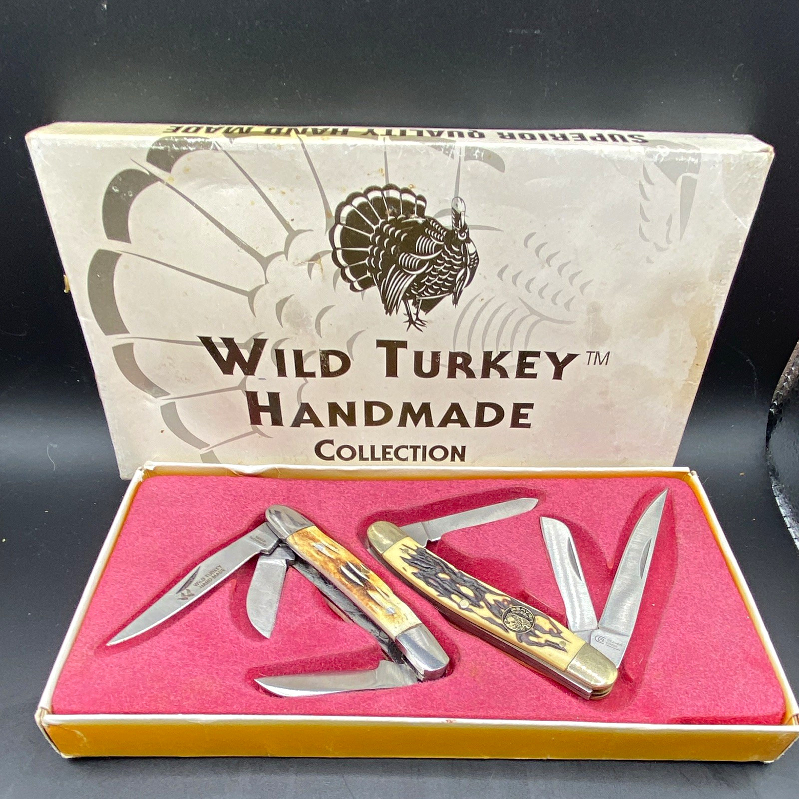 Vintage Wild Turkey Handmade Collection 1999 Set of 2 Folding Pocketknives bone